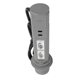 Mini Totem De Mesa Manual Para 2 Tomadas 2P+T 10A Pb E 2 Usb Cinza QTMov Dutotec