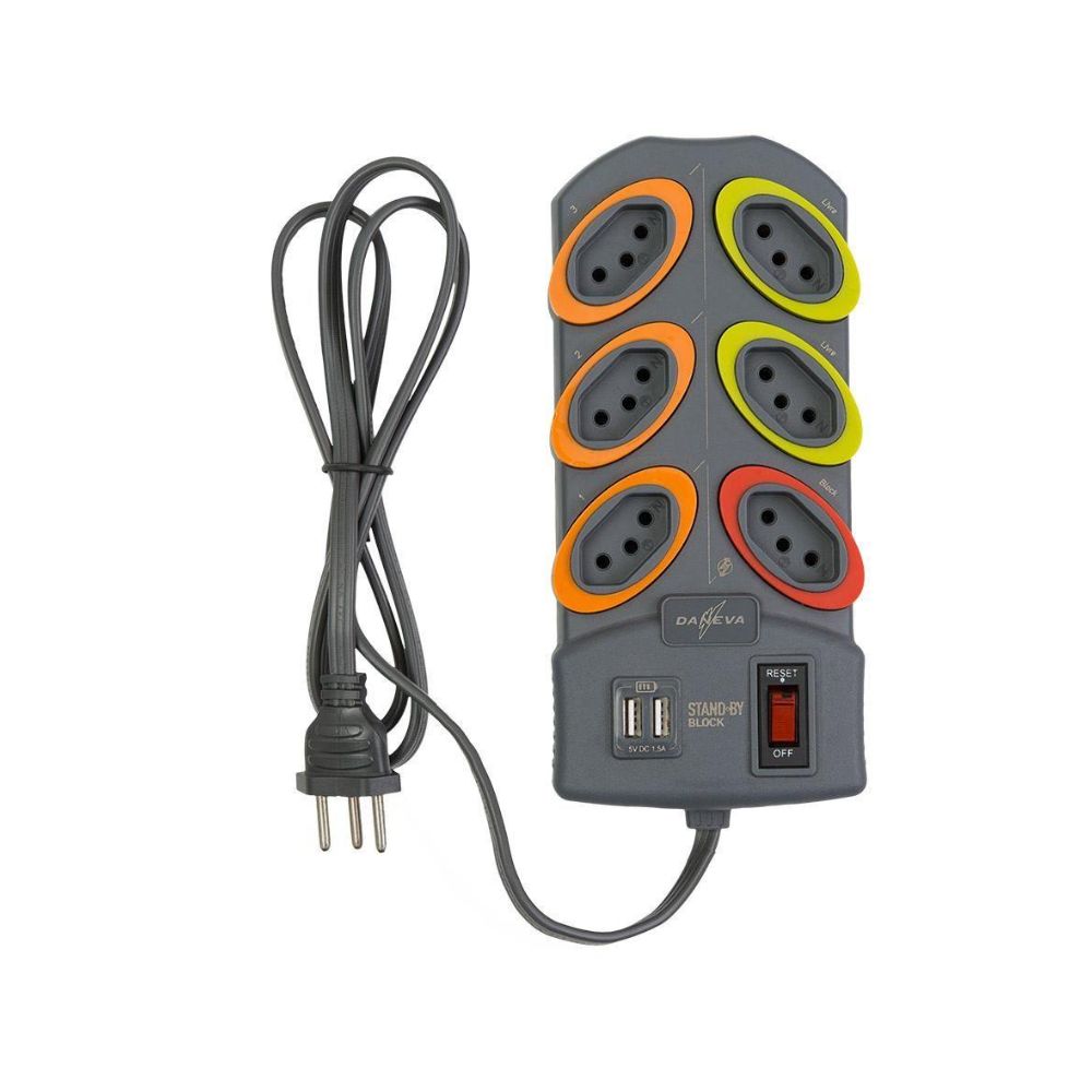 Plug Adaptador 2 Saídas 2P+T 10A 250V Com 2 USB 5V 1,5A Branco