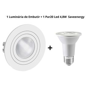 Kit 1 Luminária de Embutir Redonda Para 1 Par20 Recuado + Lâmpada Par 20 Led 4,8W 4000K Bivolt 36 Graus 400 Lúmens Saveenergy