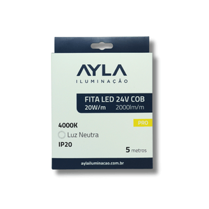 Fita LED 24V COB Pro 20W/M 2000 Lúmens 4000K Branco Neutro Interna - Rolo 5 Metros Ayla
