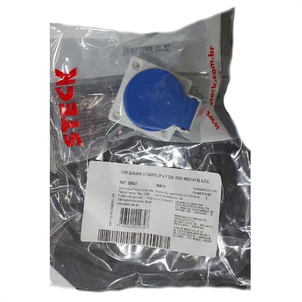 Tomada De Embutir 2P+T 20A 250V S8641 Azul Pb Ip47 Quasar Steck